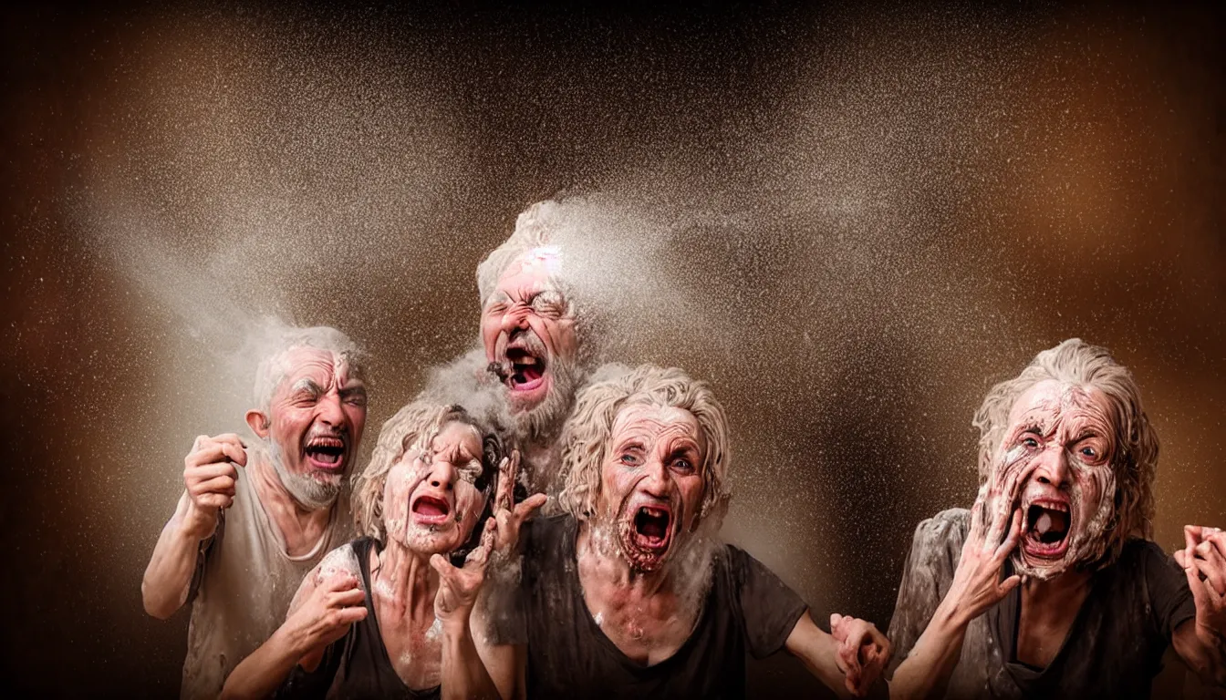 Image similar to hyper realistic photo in a baroque hall, a celtic weathered old man with a beautiful woman's screaming face, feedback loop, burst of powders, spraying liquid, volumetric lighting, twisting vapour, bellowing dust, emerging hands, full colour, upscale, 4 k