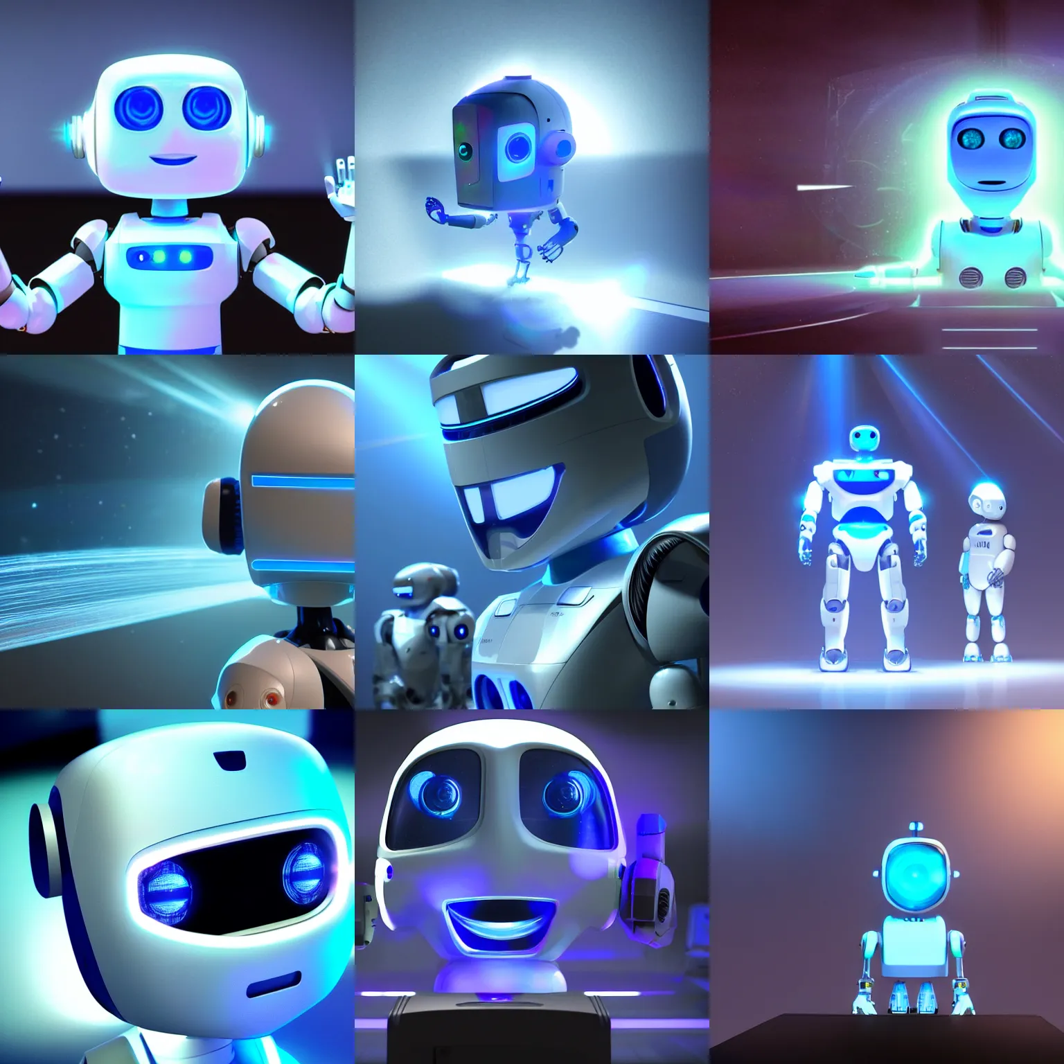 Prompt: a white robot with a blue light shining on it's face, a hologram by Pixar, cg society contest winner, les automatistes, toonami, future tech, reimagined by industrial light and magic