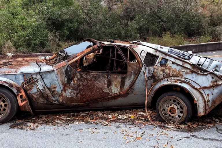 Prompt: rusted, derelict on the back of a tow truck on the road 1 9 2 2 delorean