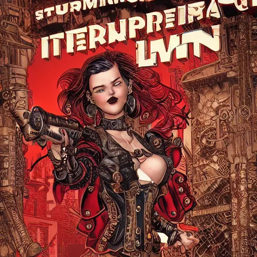 Prompt: Book steampunk red in the hands of a woman, Insanely detailed and intricate, hyper-realistic in the graphic style of Patrick Gleason, detailed art, trending on Artstation, sharp focus, comic art