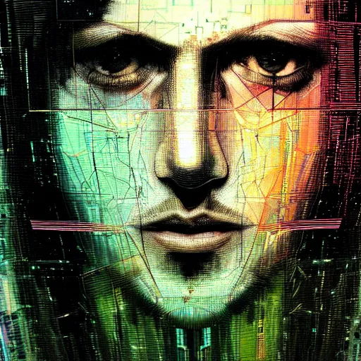 Image similar to hyperrealistic portrait of a cyberpunk man, teenager, long hair, immersed within a network, glitch eyes, by Guy Denning, Johannes Itten, Derek Gores, Russ Mills, glitch art, smooth lines, fine detail, polished, complex, hacking effects, holographic, digital tech effects, green, color blocking!, realistic, acrylic on canvas, concept art, abstract!, symmetrical, 8k, concept art, octane, photorealistic, cgsociety, trending on artstation