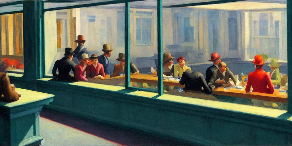 Image similar to painting, view from inside edward hopper's painting nighthawks, of a group of werebears robbing a bank, foggy