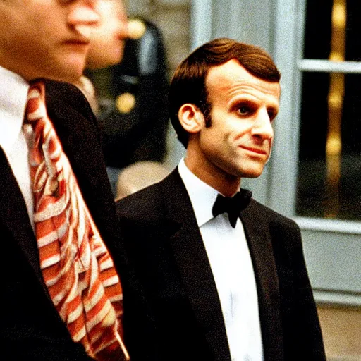 Image similar to Emmanuel Macron wearing a venitian mask in American Psycho (1999)