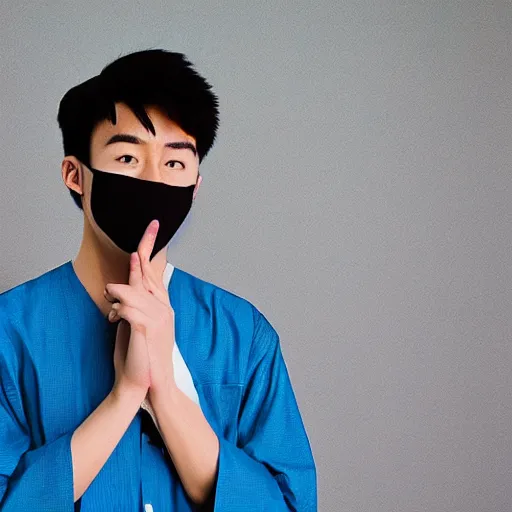 Prompt: 2 0 years old asian guy wear medicine mask and fold the sleeves of the blue blouse, pop art