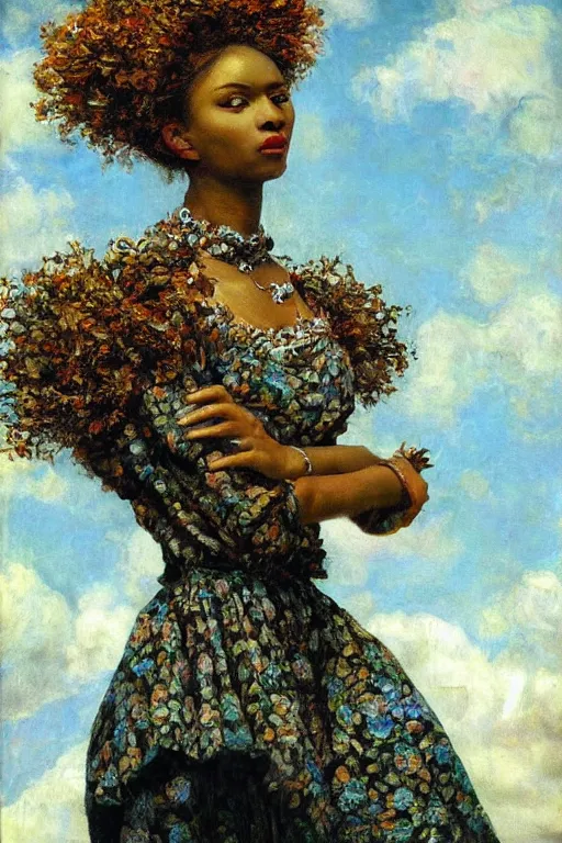 Image similar to close - up fashion afro woman portrait airy flowers cloudy sky art by vasnetsov