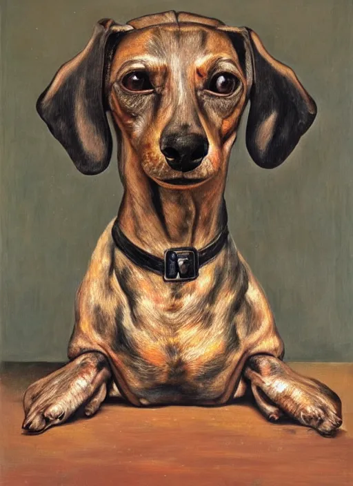 Image similar to Old dachshund, painted by Lucian Freud, very detailed, 8k