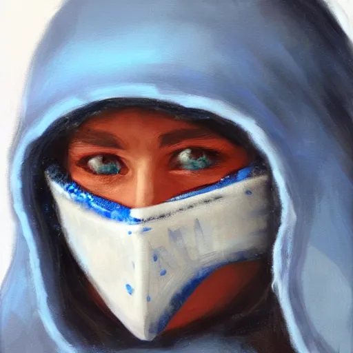 Image similar to bandit from ‘ icewind dale ’ and with a blue mask lined with copper, ‘ icewind dale 2 ’ portrait by ‘ justin sweet ’, pretty face, falling snow, soft focus, oil paint,