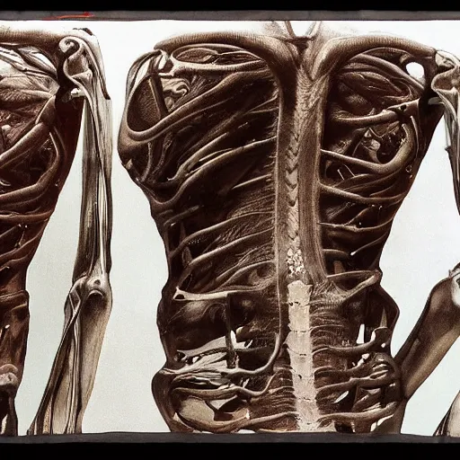 Image similar to realistic shot bloody bones, organs and flesh, biomechanical technology, natural light, by h r giger