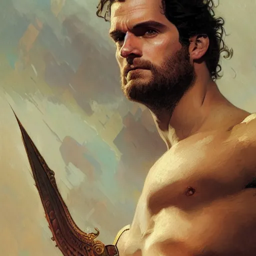 Image similar to Henry Cavill as a heavenly God, gorgeous, amazing, muscular, intricate, highly detailed, digital painting, artstation, concept art, sharp focus, illustration, art by greg rutkowski and alphonse mucha