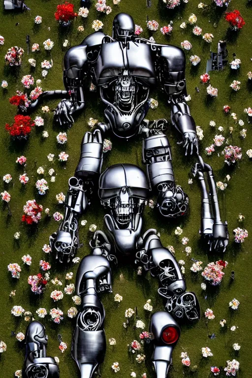 Image similar to destroyed combat terminator lying in a field of flowers, twisted metal, chrome, reflections, earth, terrible, anthropomorphic, photorealism, smoke, metal, 8 k, surreal, wires, wild flowers, greenery, top view, extremely detailed, ultra - realism, cinematic light, epic, art by jeff koons, artgerm and greg rutkowski