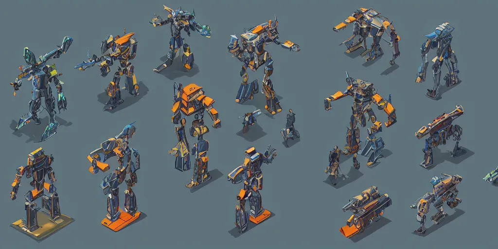 Image similar to isometric mecha character design, idle, colored, sprite, pc game, sideview, art by moebius and greg rutkowski.