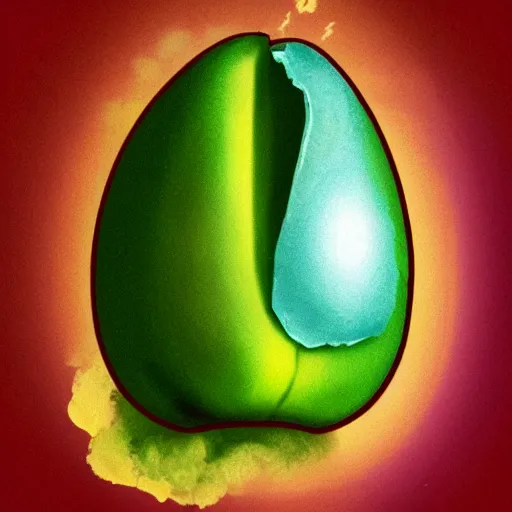 Image similar to bob ross as an embryo inside an avocado