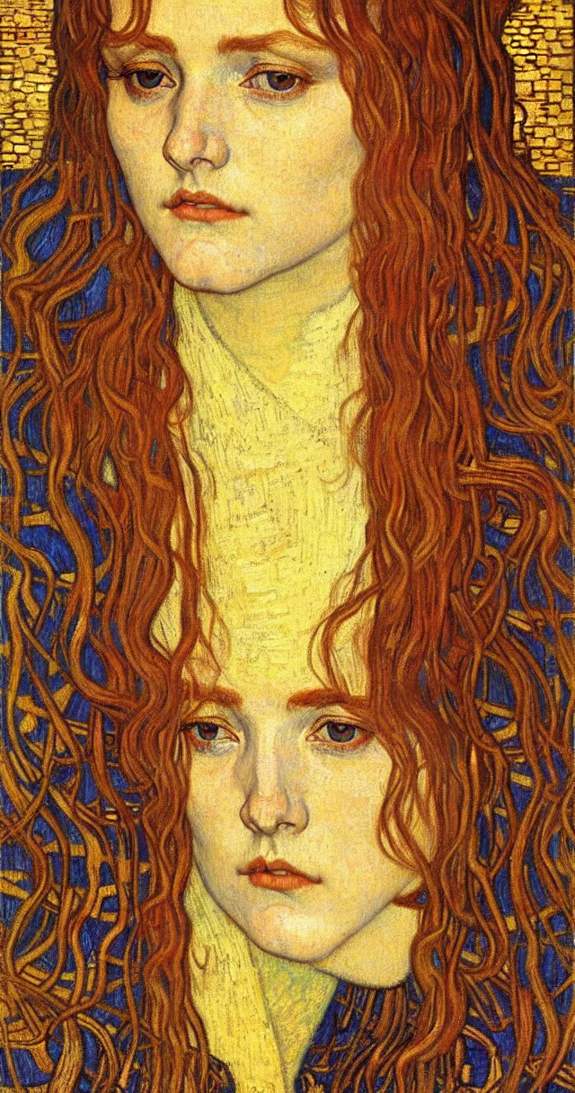 Image similar to detailed realistic beautiful young medieval queen face portrait by jean delville, gustav klimt and vincent van gogh, art nouveau, symbolist, visionary, gothic, pre - raphaelite, muted earthy colors, desaturated