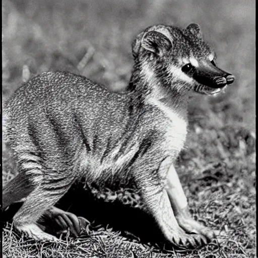 Image similar to small baby thylacine, ‘Tasmanian ((tiger))’, thylacine, detailed fur, long thin tail, long snout