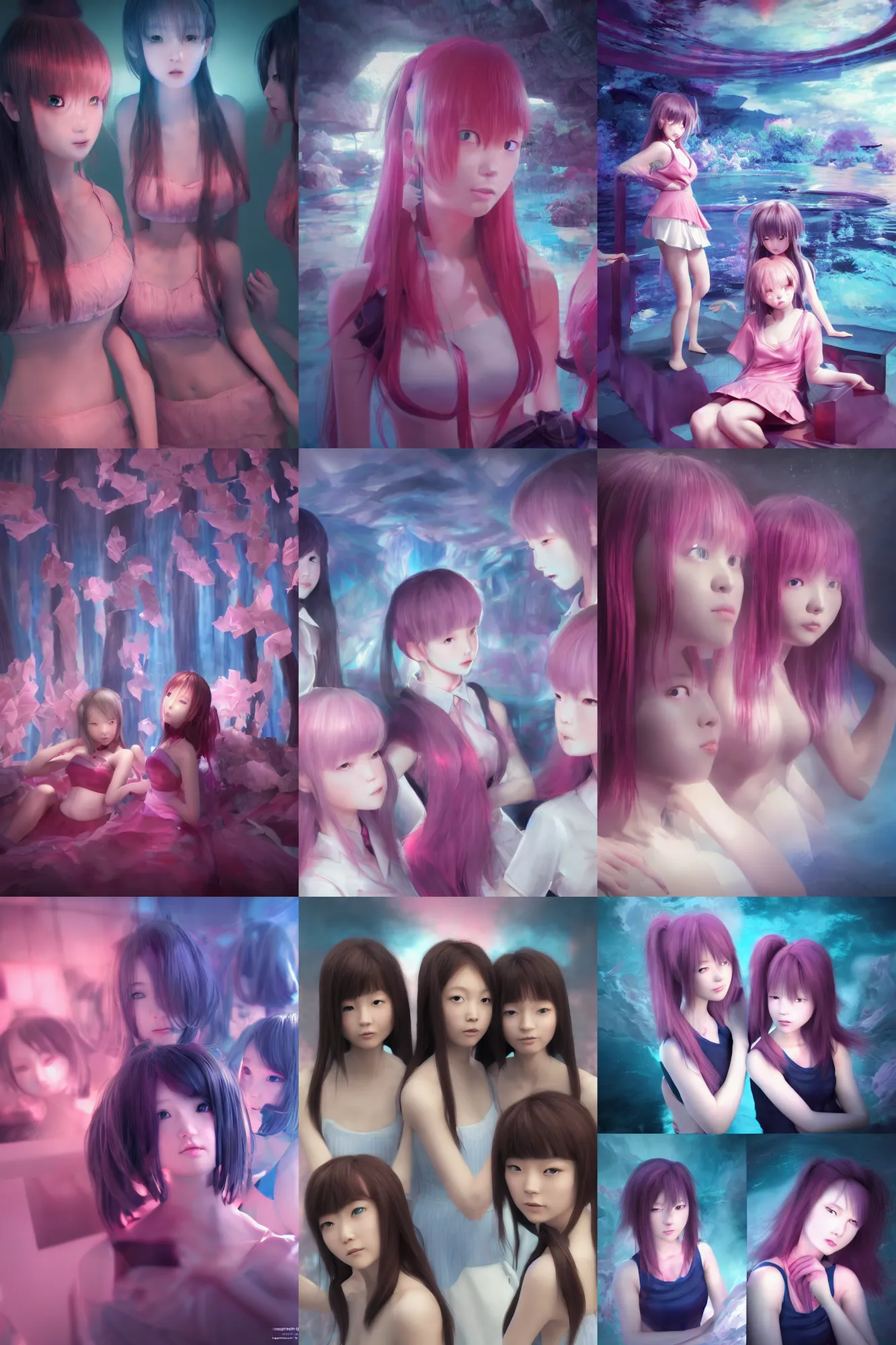 Image similar to 3d dark infrared octane render concept art by D. Jun, by Mo Xiang Tong Xiu, by Igarashi Daisuke, beauty portrait anime schoolgirls under dark pink and blue water. cute face. complex mirror room. dramatic light, trending on artstation.