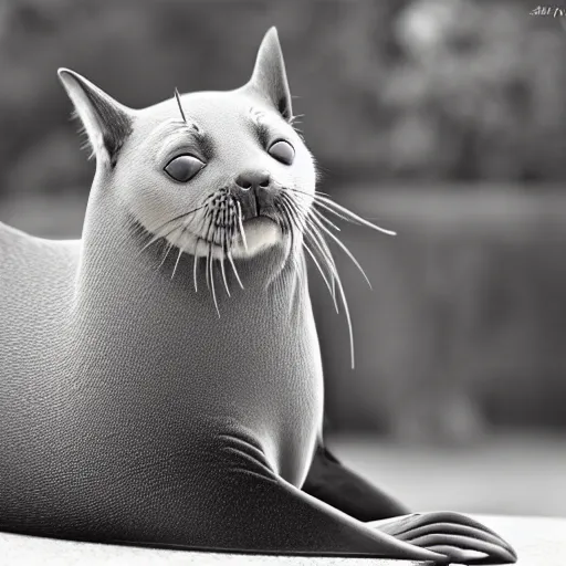 Prompt: a feline sealion - cat - hybrid. animal photography,