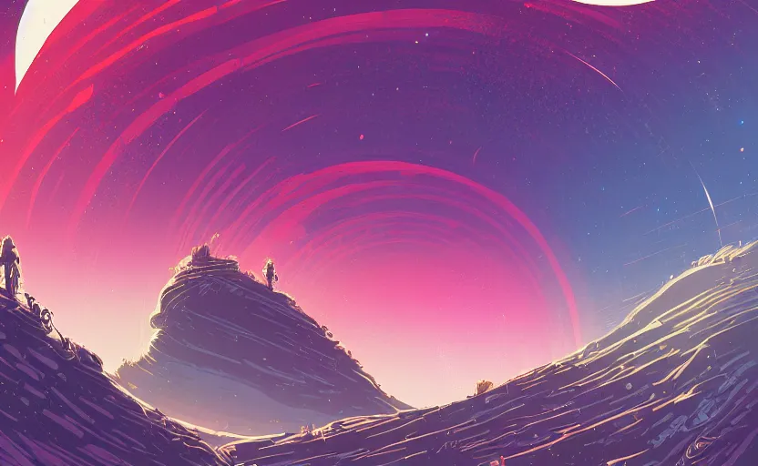 Image similar to concept art of an epic spiral galaxy in style of dan mumford and laurie greasley by james gilleard, very detailed, clean lines, atmospheric, masterpiece