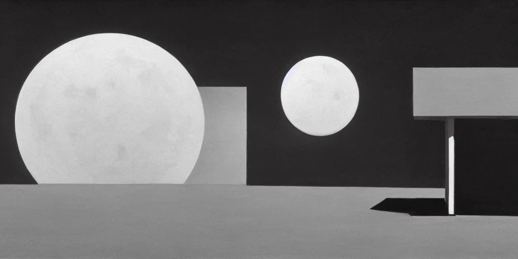 Prompt: moon hitting earth, Edward Hopper and James Gilleard Zdzis, black and white, hazy transition