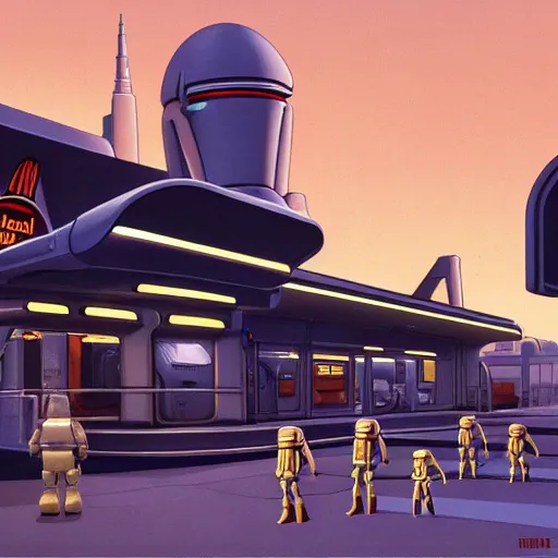 Image similar to intricately detailed ralph mcquarrie concept art of a futuristic mcdonalds with the golden arches displayed. a space station is seen off in the distance with various droids and people walking in the foreground. a trooper is seen holding a brown mcdonalds bag.