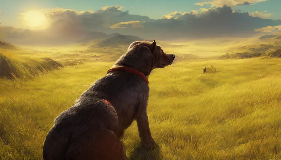 Prompt: back view of a dog watching the sun sitting on the hill, hyperdetailed, artstation, cgsociety, 8 k