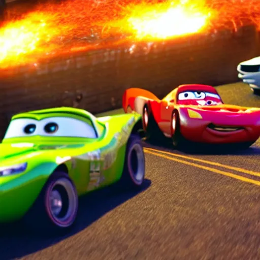 Image similar to a photo from the movie cars, where lightning mcqueen gets into a greusome car accident with tow mater. rendered in 4 k with presto animation software.