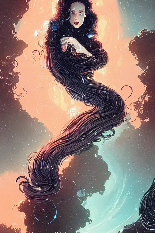 Image similar to a fancy portrait of sci - fi long curly blue haired lady, stray wiring by atey ghailan, james gilleard, by joe fenton, by greg rutkowski, by greg tocchini, by kaethe butcher, 4 k resolution, gradient red, orange, black and white color scheme!!! ( ( nebula dystopian city spiral background ) )