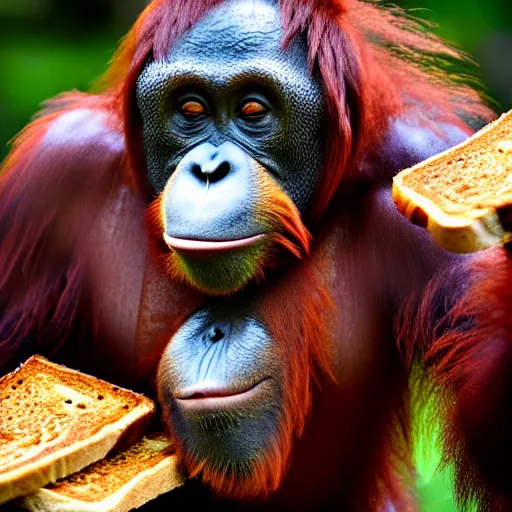 Prompt: an orangutan burnt onto a piece of toast, 4 k, hyper realistic, dslr, high resolution, landscape, beautiful