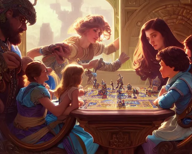 Image similar to 1 9 8 0 board game family fight, deep focus, d & d, fantasy, intricate, elegant, highly detailed, digital painting, artstation, concept art, matte, sharp focus, illustration, hearthstone, art by artgerm and greg rutkowski and alphonse mucha