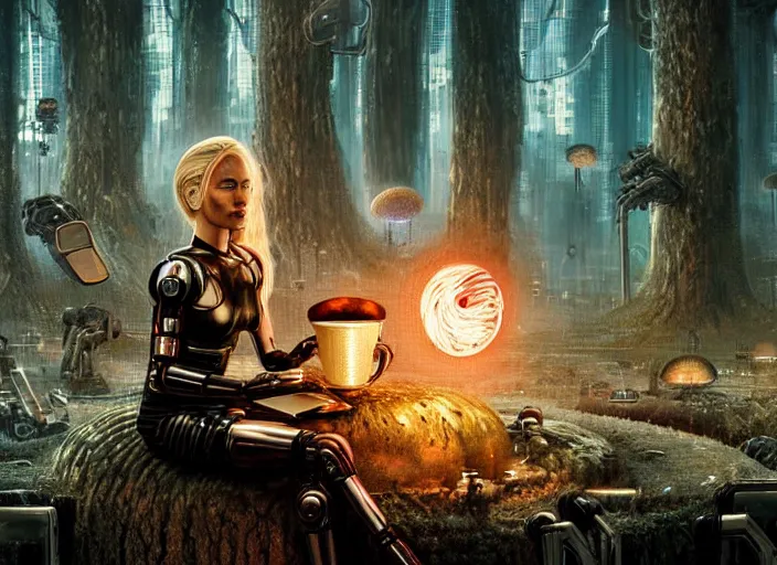 Image similar to photo of an intricate and sophisticated terminator woman with borg enhancements, blonde hair and detailed pretty face sitting on a giant mushroom in a weird magical mechanical forest and drinking a cup of tea. Very detailed 8k. Fantasy cyberpunk horror. Sharp.