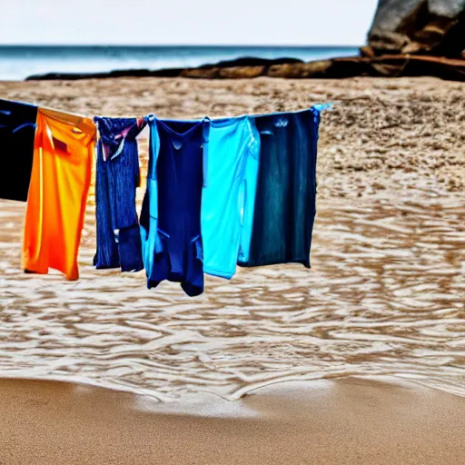 Prompt: a closeup photorealistic photograph of wet clothes drying on the beach, fantastic four theme. bright scene. fine detail. this 4 k hd image is trending on artstation, featured on behance, well - rendered, extra crisp, features intricate detail, epic composition and the style of unreal engine.