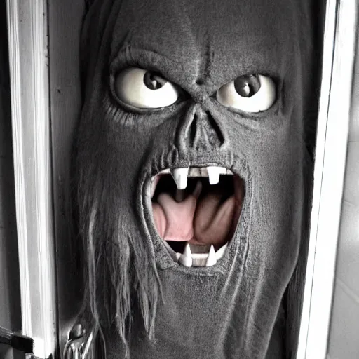 Prompt: photo of creepy monster peering round your bedroom door