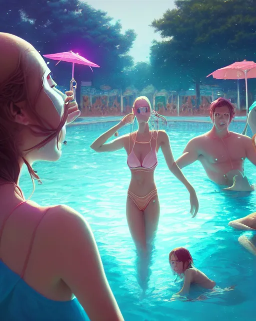 Image similar to highly detailed surreal vfx portrait of a pizza pool party, stephen bliss, unreal engine, greg rutkowski, loish, rhads, beeple, makoto shinkai and lois van baarle, ilya kuvshinov, rossdraws, tom bagshaw, global illumination, detailed and intricate environment