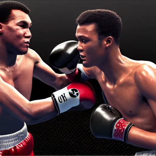 Prompt: mohammed ali fighting joe frasier in heaven 8 k super realistic detail digital painting, unreal engine, 3 d render