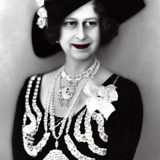 Prompt: Queen Elizabeth dressed as a 1920s gangster