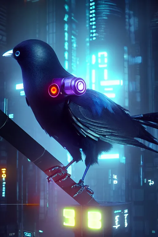 Image similar to high quality 3 d render very cute cyborg crow! incorporated speakers!, cyberpunk highly detailed, unreal engine cinematic smooth, in the style of blade runner & detective pikachu, hannah yata charlie immer, moody light, low angle, uhd 8 k, sharp focus