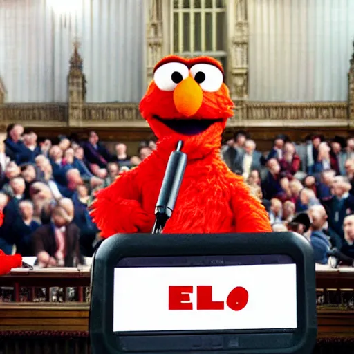 Image similar to Elmo speaking in british parliament while everything is burning around him