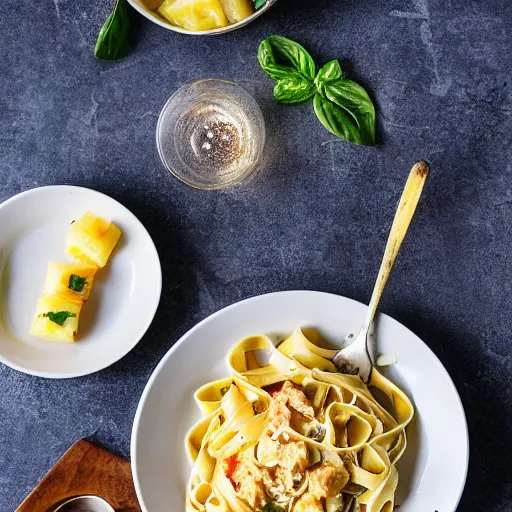 Prompt: a fettuccine pasta with pineapple sauce, food photography