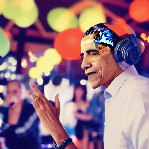 Image similar to professional photograph of president barack Obama DJing a party while wearing headphones, realistic, stock photo, 4K, professional journalistic photography, Getty images.