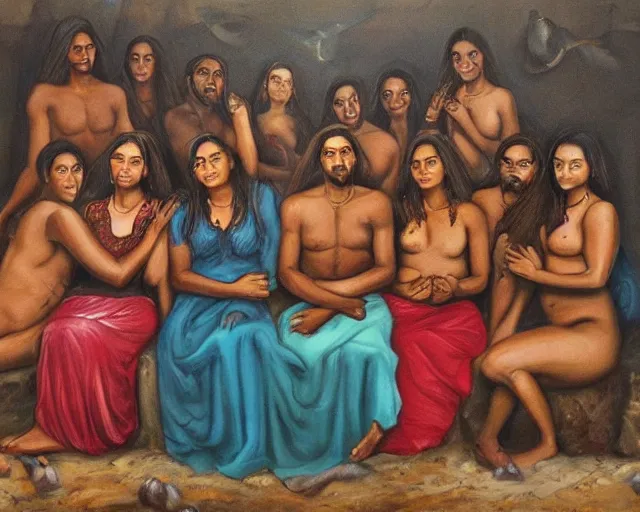 Image similar to beautiful oil painting of a brown man and his 7 wives in the afterlife.