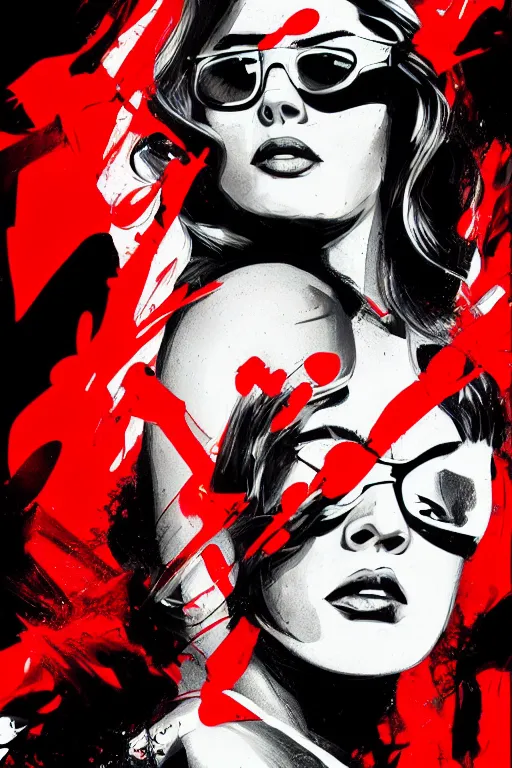 Prompt: dream of a film still from sin city, closeup portrait of film noir angry megan fox private detective wearing a hat and red sunglasses, detailed illustration, digital art, trending on artstation, frank miller, martin ansin, action movie poster, dripping paint, red on black, patrick nagel!, graffiti, gta v,