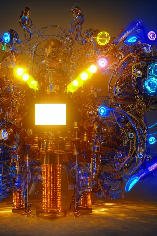 Prompt: photo of a giant huge golden and blue metal steampunk robothead covered with multicolored tubes and gears, eyes are glowing red lightbulbs, arms are made of guitars, shiny crisp finish, 3 d render, 8 k, insaneley detailed, fluorescent colors, background is multicolored lasershow