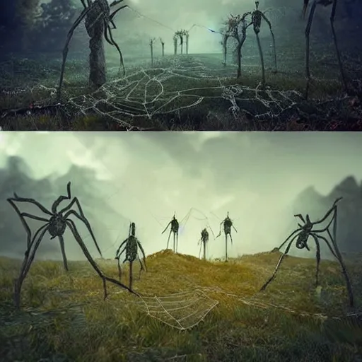 Image similar to people made out of spider webs crawling up to the hell hill. surrealism. high details, photorealistic, artstation trending. cinematic. epic.