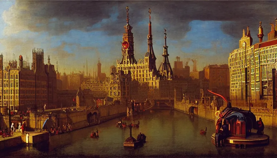 Image similar to Victorian England soviet city with flying cars and cyberpunk, made by Hubert van Eyck, Georges de La Tour, Élisabeth Vigée Le Brun, Jacques-Louis David