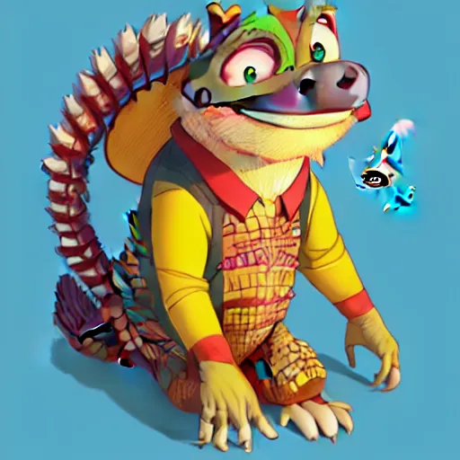 Image similar to in the style of artgerm, loish and ross tran, anthropomorphic alligator, symmetrical face, symmetrical eyes, red scales on his back, yellow scale on his belly and chest, male, waring a hawaiian shirt, in the style of zootopia