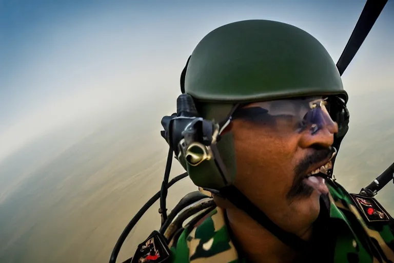 Image similar to closeup portrait of bangladesh army commander jumping from a helicopter, gopro cinematic shot, motion still, atmospheric