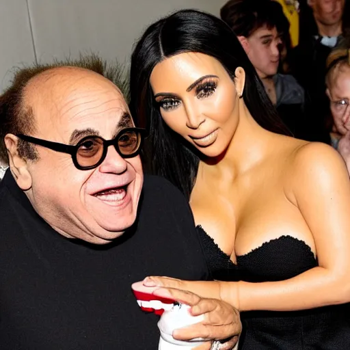 Prompt: danny devito is a very small little baby and kim kardashian is feeding danny devito from a bottle