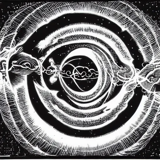 Image similar to A beautiful collage of a black hole consuming a star. synthwave by Charles Robinson, by Virginia Frances Sterrett energetic