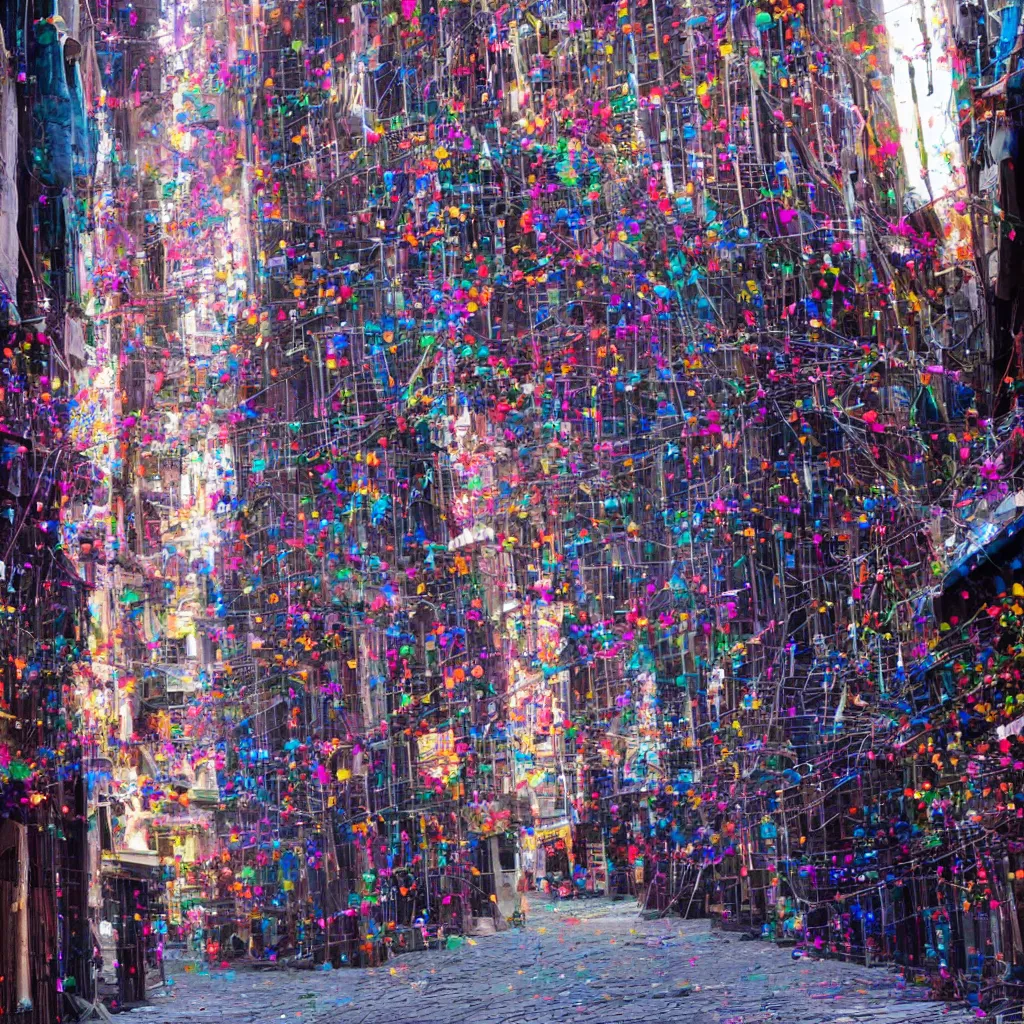 Prompt: a few thin streams of multi-colored glitter flow in a light breeze above the narrow streets of a cyberpunk city