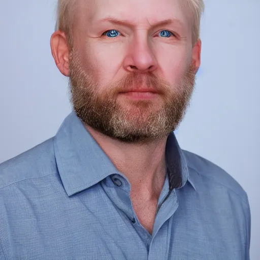 Image similar to photograph of a balding, bearded middle aged blond man, with dark blue eyes, and very pale skin