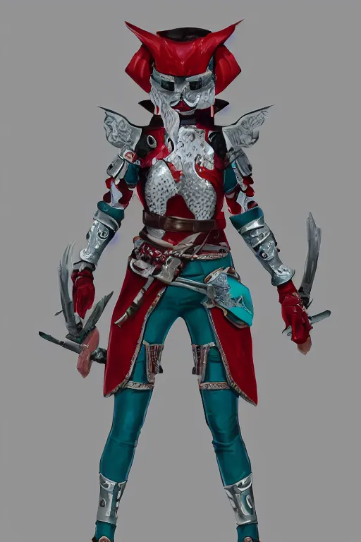 Prompt: female adventurer in tight full - body teal leather armor of japanese design with red accents and a white porcelain crow mask, trending in artstation, japanese, artstation, establishing shot